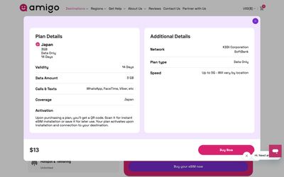 Amigo eSIM plan details page