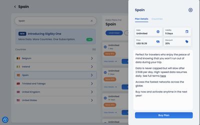 page de détails du forfait de GigSky