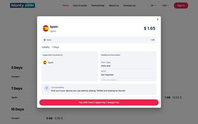 Monty eSIM plan details page