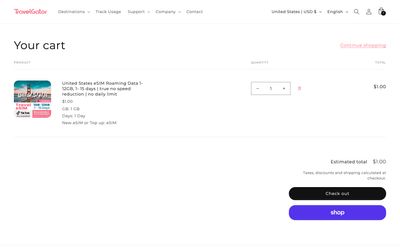 TravelGator eSIM cart page