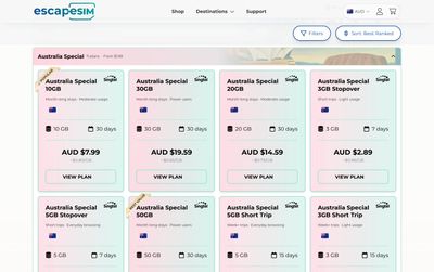 page de liste des forfaits de EscapeSIM
