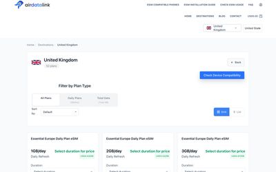 página de lista de planes de airdatalink