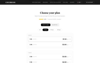 CocoRoam plans list page