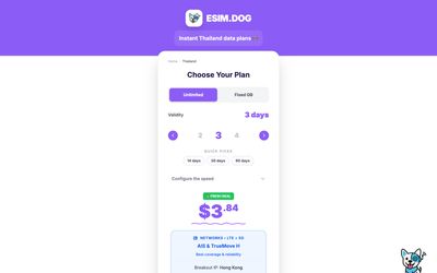 página de lista de planes de ESIM.DOG 🐶