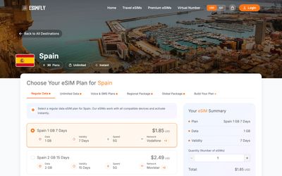 página de lista de planes de eSimfly