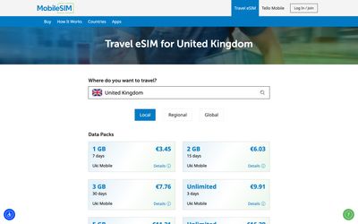 página de lista de planes de MobileSIM