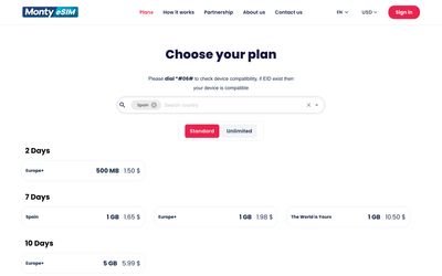 Monty eSIM plans list page