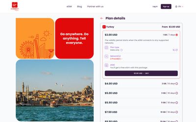 page de liste des forfaits de Virgin Connect Roam