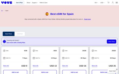 page de liste des forfaits de Voye Global