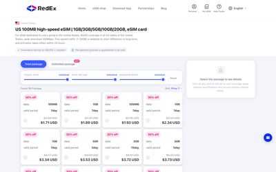página de lista de planes de RedEx eSIM