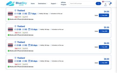 página de lista de planes de BlueSky eSIM
