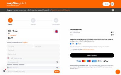 easySim checkout page