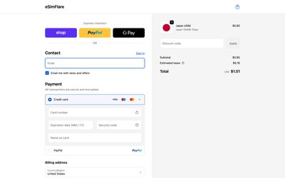 page de paiement de eSimFlare