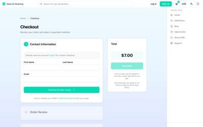 Keep On Roaming checkout page