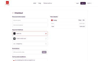 page de paiement de Virgin Connect Roam