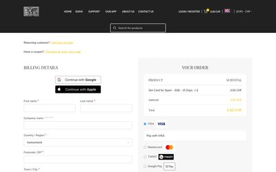 TraveleSIM.CH checkout page