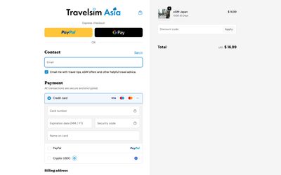 Travelsim Asia checkout page