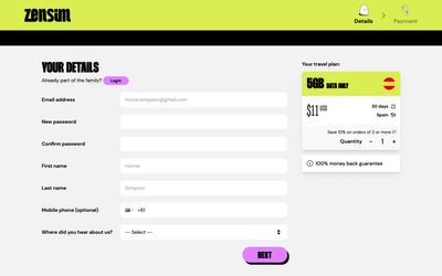 page de paiement de ZenSim