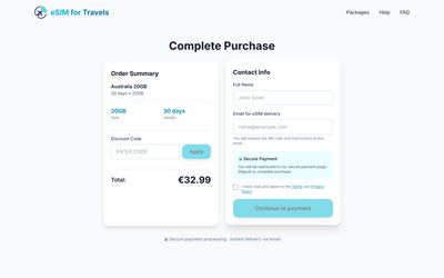 EsimForTravelsの購入ページ