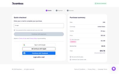 pagina di pagamento di Roamless